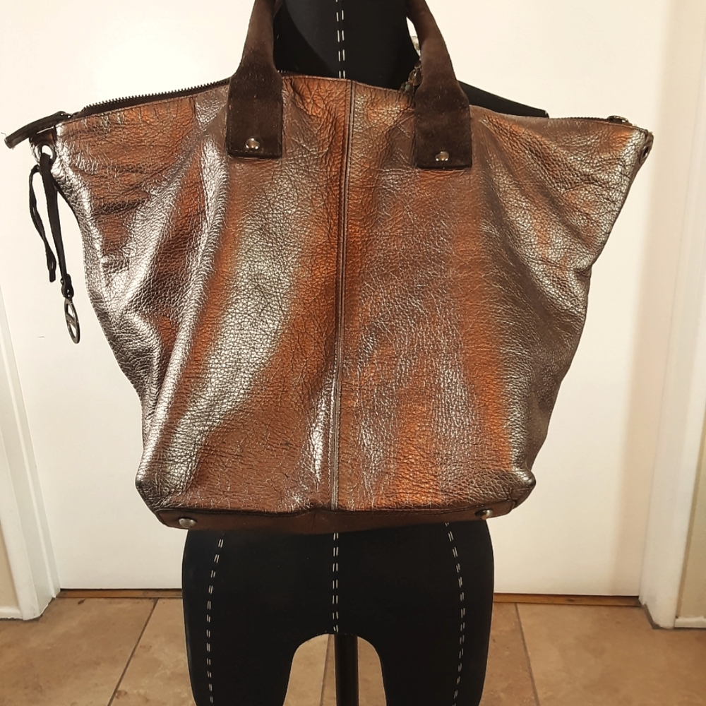 Metallic Bronze Leather & Brown Suede Women's Handbag
